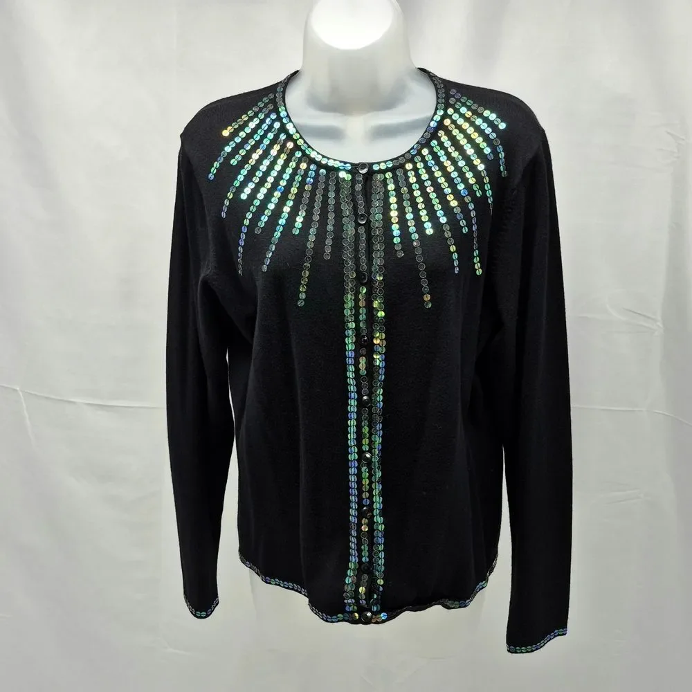 Dress Barn Black Sequin Cardigan Sweater Large Metallic Iridescent Button Up - Picture 1 of 12